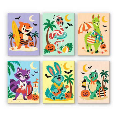Coffret 6 peintures par numéro Plage Costumée, animaux costumés en vacances à la plage, Maison Artsen