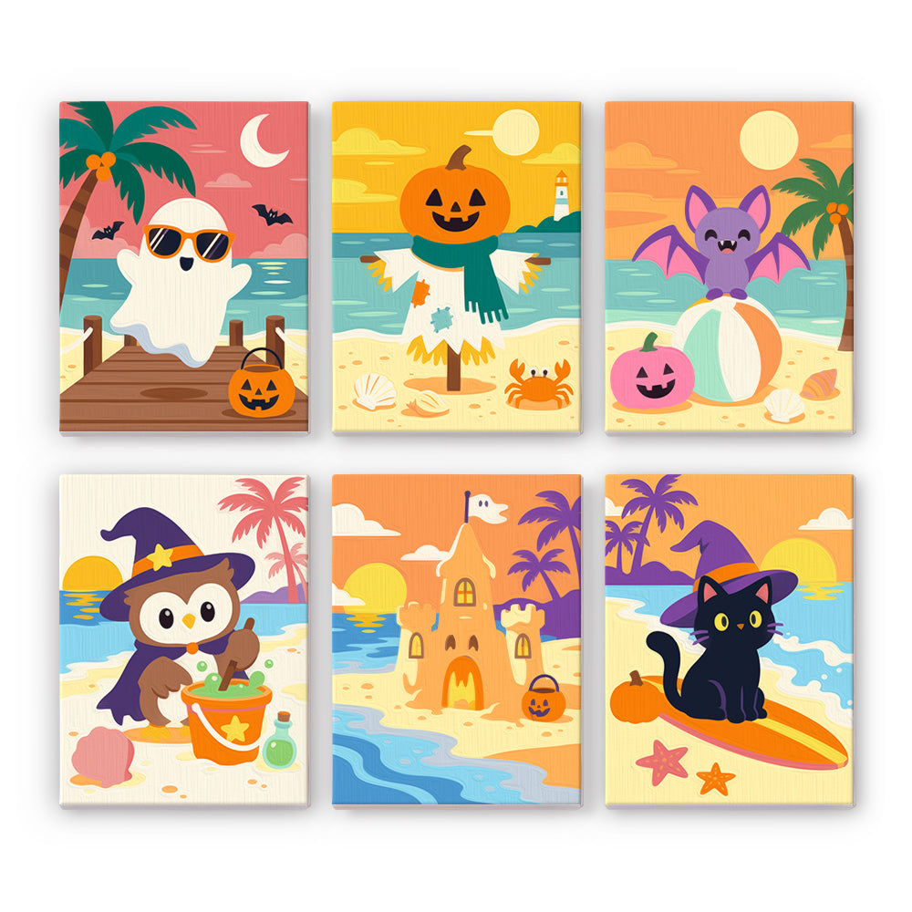 Coffret 6 peintures par numéro Plage d'Octobre, fantôme, épouvantail, hibou sorcier et château de sable, Maison Artsen