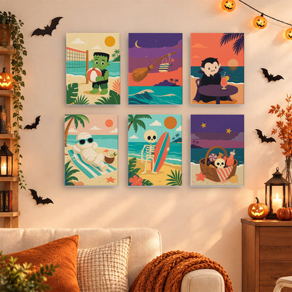Coffret 6 mini-toiles Plage des Monstres accrochées dans un salon décoré pour Halloween, Maison Artsen