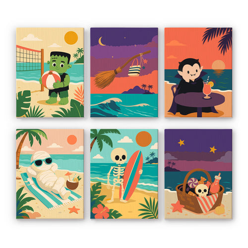 Coffret 6 peintures par numéro Plage des Monstres, monstres de Halloween en vacances sur la plage, Maison Artsen