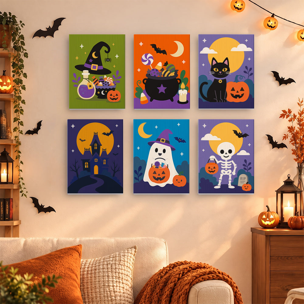 Coffret 6 mini-toiles Potions et Bonbons accrochées dans un salon décoré pour Halloween, Maison Artsen