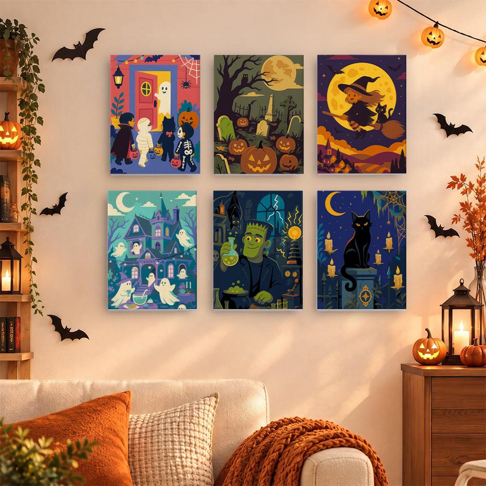 Coffret 6 mini-toiles Quartier des Frissons accrochées dans un salon décoré pour Halloween, Maison Artsen