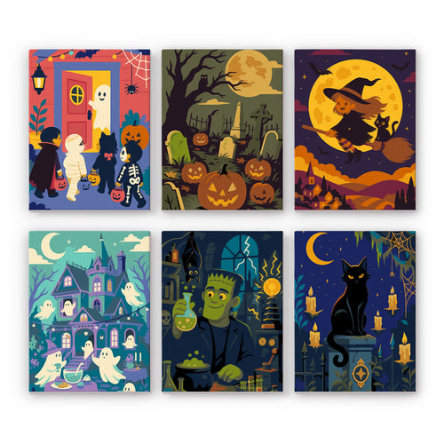 Coffret 6 peintures par numéro Quartier des Frissons, enfants déguisés, sorcière, fantômes, monstre vert et chat noir, Maison Artsen