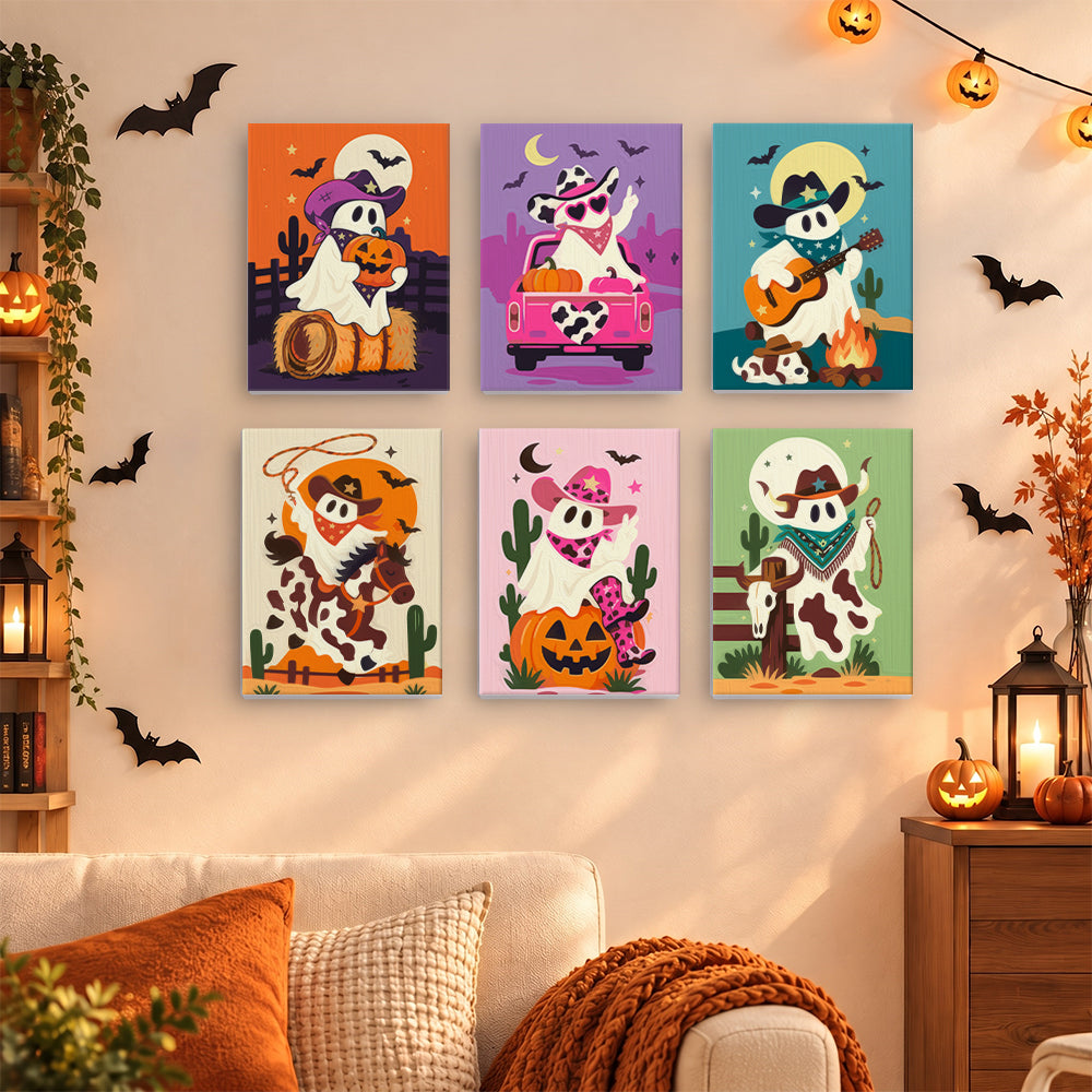 Coffret 6 mini-toiles Ranch des Fantômes accrochées dans un salon décoré pour Halloween, Maison Artsen