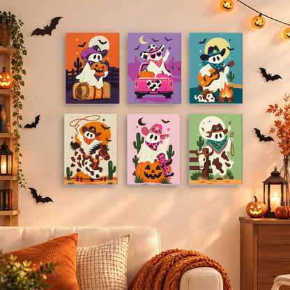 Coffret 6 mini-toiles Ranch des Fantômes accrochées dans un salon décoré pour Halloween, Maison Artsen