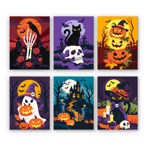 Coffret 6 peintures par numéro Roses Noires d'Halloween, main de squelette, chat noir, fantôme et manoir, Maison Artsen