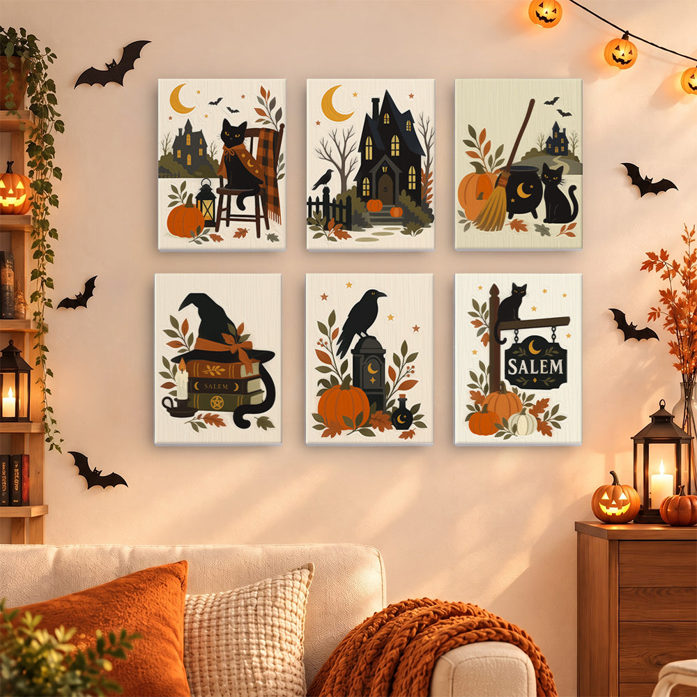 Coffret 6 mini-toiles Ruelles de Salem accrochées dans un salon décoré pour Halloween, Maison Artsen