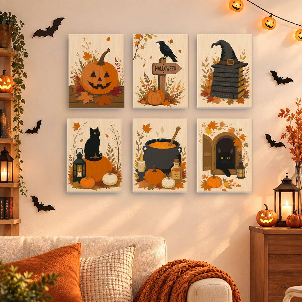 Coffret 6 mini-toiles Sentier des Citrouilles accrochées dans un salon décoré pour Halloween, Maison Artsen