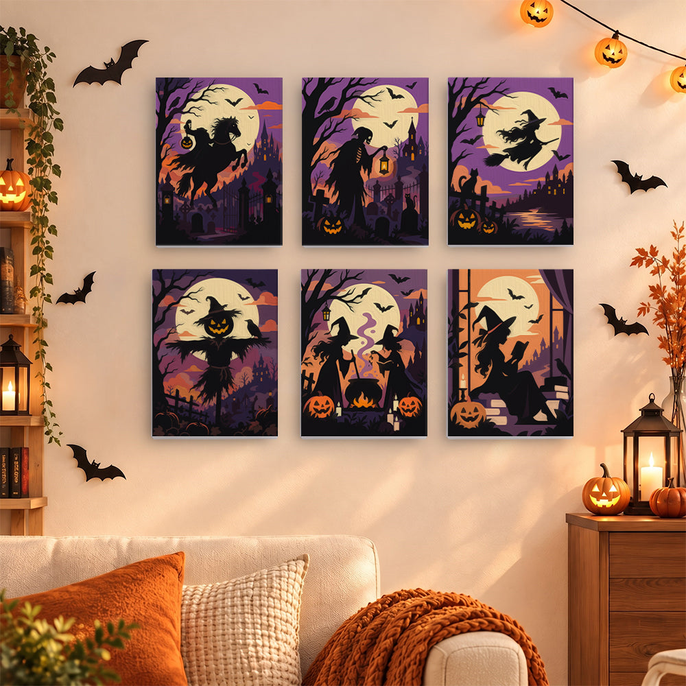 Coffret 6 mini-toiles Silhouettes de Minuit accrochées dans un salon décoré pour Halloween, Maison Artsen