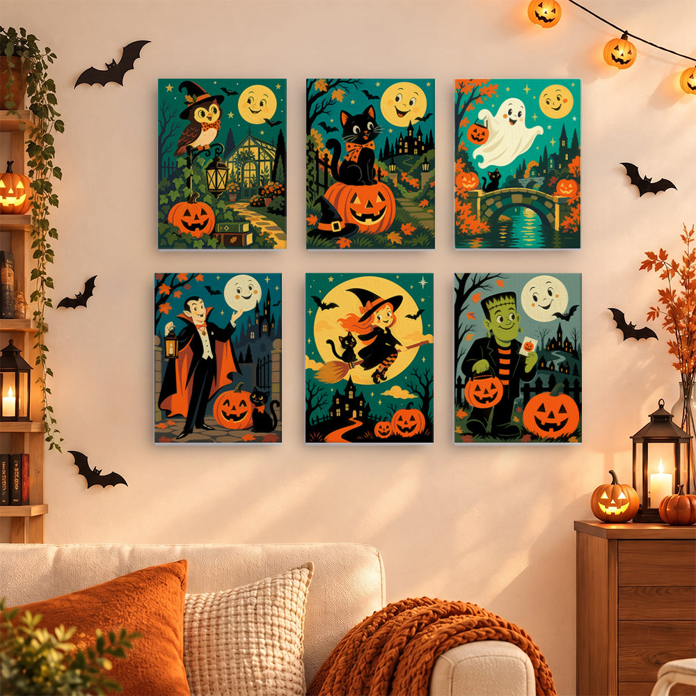 Coffret 6 mini-toiles Soirée de la Lune Rieuse accrochées dans un salon décoré pour Halloween, Maison Artsen
