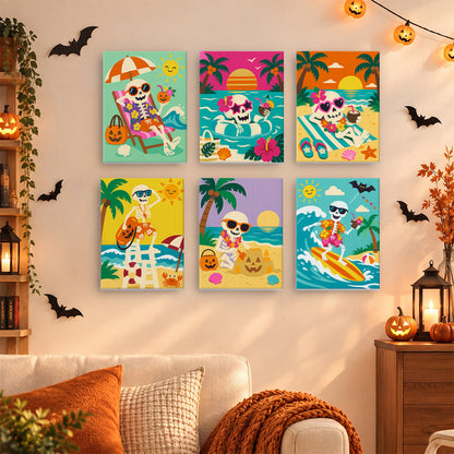 Coffret 6 mini-toiles Squelettes à la Plage accrochées dans un salon décoré pour Halloween, Maison Artsen