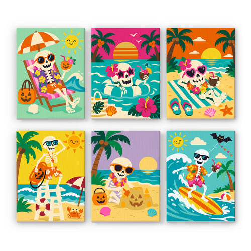 Coffret 6 peintures par numéro Squelettes à la Plage, squelettes en vacances, citrouilles et cocktails, Maison Artsen