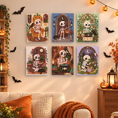 Coffret 6 mini-toiles Squelettes Bohèmes accrochées dans un salon décoré pour Halloween, Maison Artsen