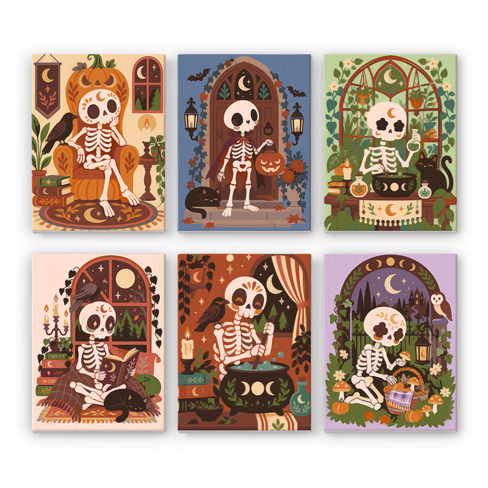 Coffret 6 peintures par numéro Squelettes Bohèmes, squelettes bohèmes, chats noirs, bougies et plantes vertes, Maison Artsen