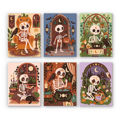 Coffret 6 peintures par numéro Squelettes Bohèmes, squelettes bohèmes, chats noirs, bougies et plantes vertes, Maison Artsen