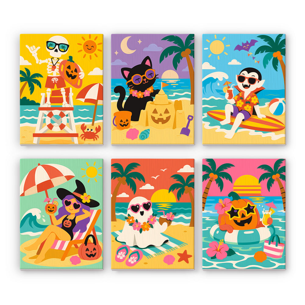 Coffret 6 peintures par numéro Surf et Sortilèges, squelette sauveteur, vampire surfeur, sorcière et fantôme sous les palmiers, Maison Artsen