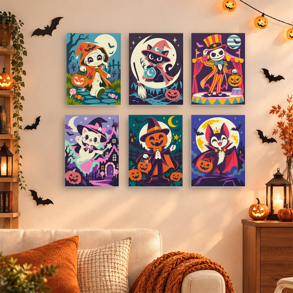 Coffret 6 mini-toiles Théâtre de Minuit accrochées dans un salon décoré pour Halloween, Maison Artsen