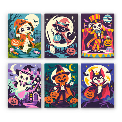Coffret 6 peintures par numéro Théâtre de Minuit, momie, chats sorciers, squelette de cirque et chauve-souris, Maison Artsen