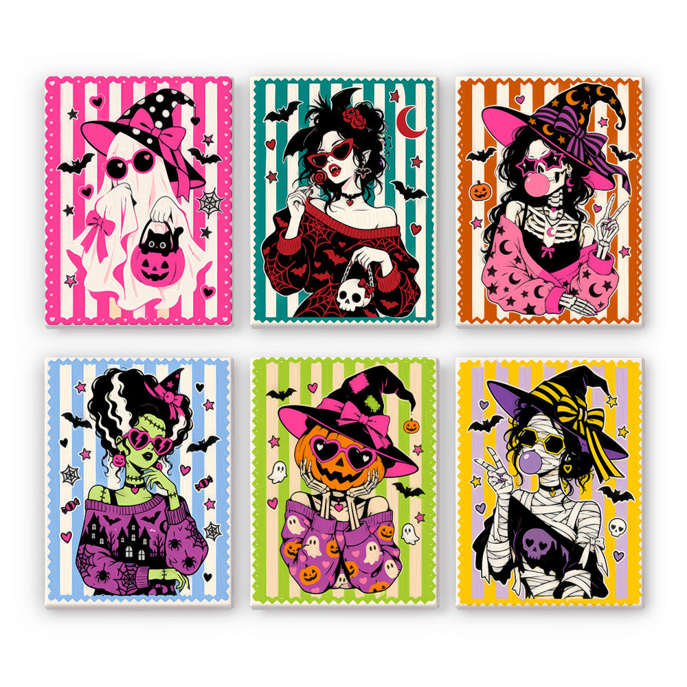 Coffret 6 peintures par numéro Timbres Gothiques, portraits en timbres de fantôme, vampire, sorcière et momie, Maison Artsen