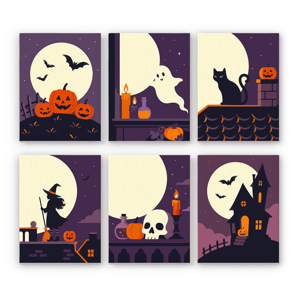 Coffret 6 peintures par numéro Toits sous la Lune, pleine lune, toits, chat noir, sorcière et manoir hanté, Maison Artsen
