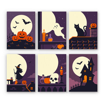 Coffret 6 peintures par numéro Toits sous la Lune, pleine lune, toits, chat noir, sorcière et manoir hanté, Maison Artsen