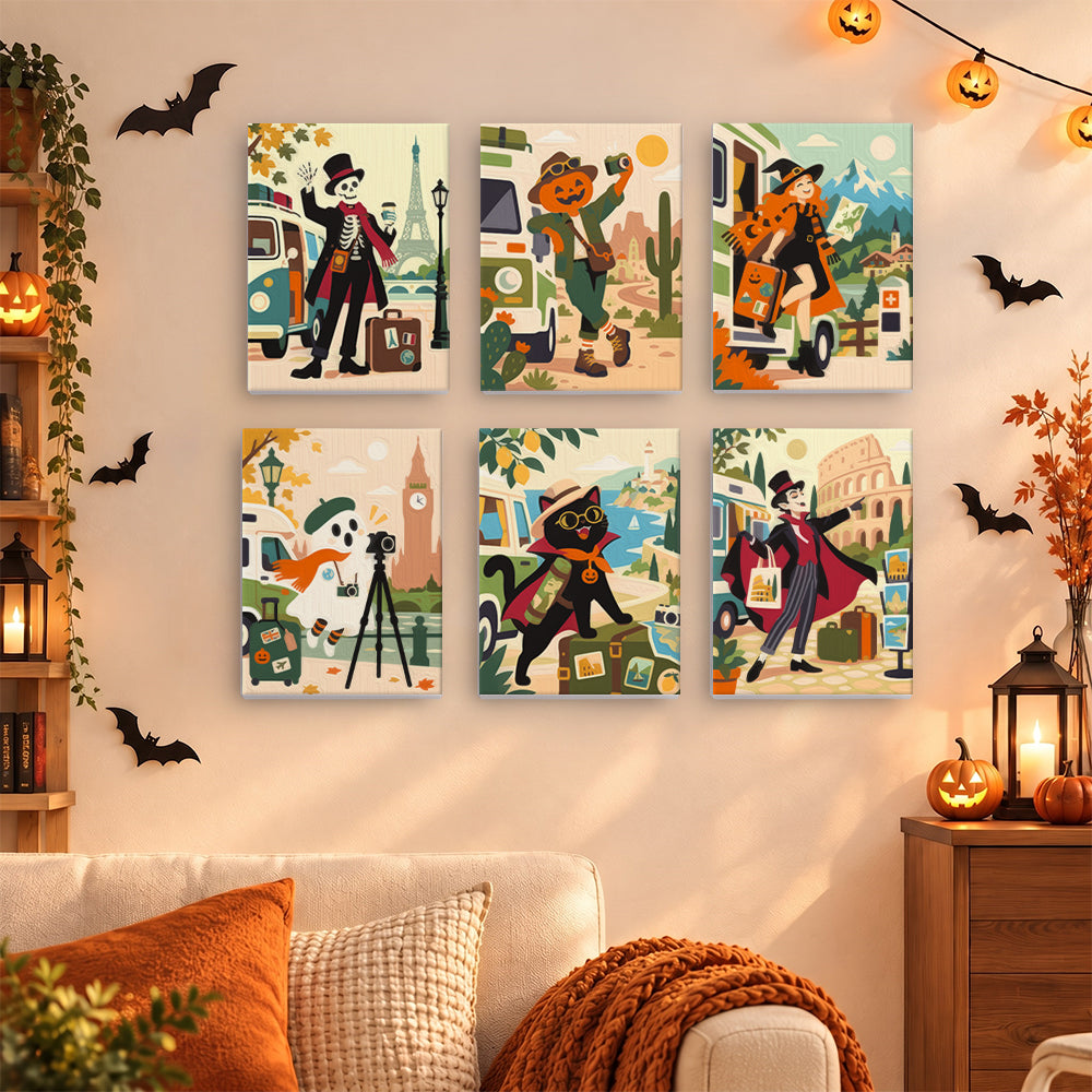 Coffret 6 mini-toiles Tour du Monde des Monstres accrochées dans un salon décoré pour Halloween, Maison Artsen