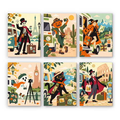 Coffret 6 peintures par numéro Tour du Monde des Monstres, squelette, sorcière et fantôme en voyage, de Paris à Rome, Maison Artsen