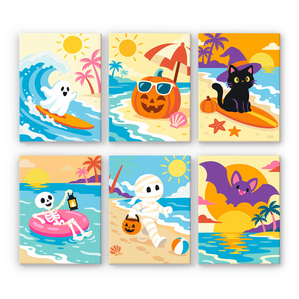 Coffret 6 peintures par numéro Vagues d'Halloween, fantôme surfeur, citrouille, squelette et momie à la plage, Maison Artsen