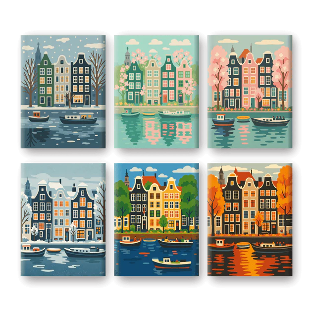 Coffret 6 peintures par numéro Amsterdam – inspiré des canaux et maisons typiques d'Amsterdam – Maison Artsen