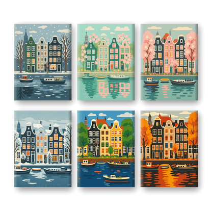 Coffret 6 peintures par numéro Amsterdam – inspiré des canaux et maisons typiques d'Amsterdam – Maison Artsen