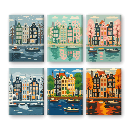 Coffret 6 peintures par numéro Amsterdam – inspiré des canaux et maisons typiques d'Amsterdam – Maison Artsen