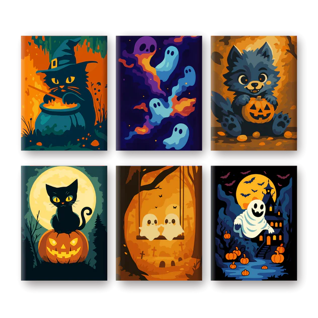 Coffret 6 peintures par numéro Booo’minou – sur le thème d'Halloween – Maison Artsen