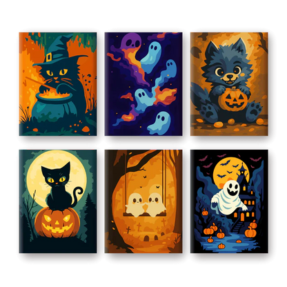 Coffret 6 peintures par numéro Booo’minou – sur le thème d'Halloween – Maison Artsen