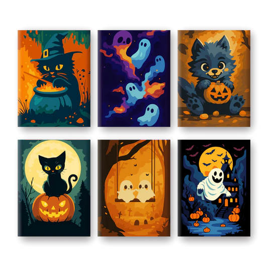 Coffret 6 peintures par numéro Booo’minou – sur le thème d'Halloween – Maison Artsen