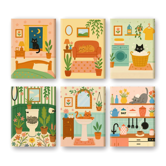 Coffret 6 peintures par numéro Chaton fait sa vie – sur le thème des animaux – Maison Artsen
