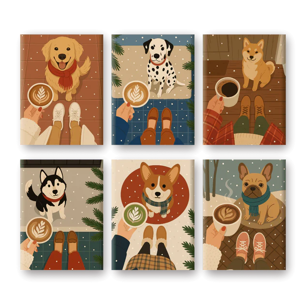 Coffret 6 peintures par numéro Chien & Noël – sur le thème des chiens et de Noël – Maison Artsen