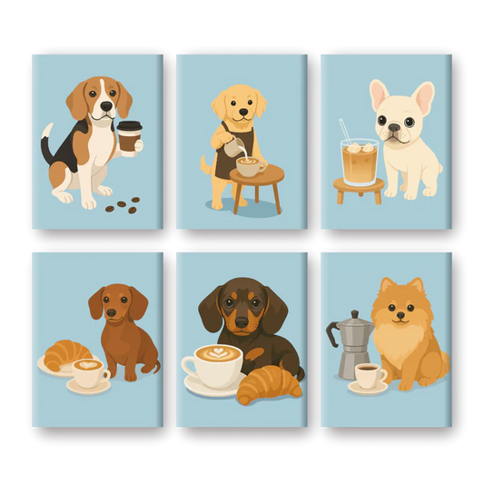 Coffret 6 peintures par numéro Chiot au petit déj’ – sur le thème des animaux – Maison Artsen
