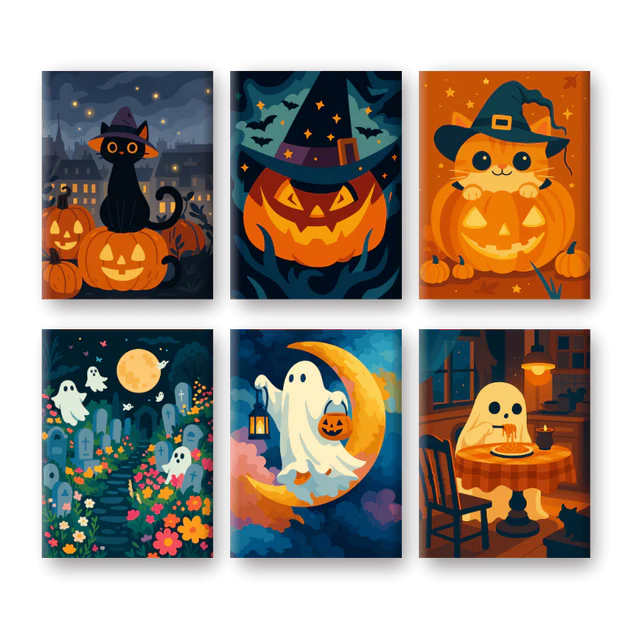 Coffret 6 peintures par numéro Citrouillum Leviosa – sur le thème d'Halloween – Maison Artsen