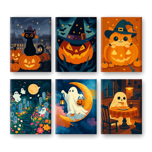 Coffret 6 peintures par numéro Citrouillum Leviosa – sur le thème d'Halloween – Maison Artsen