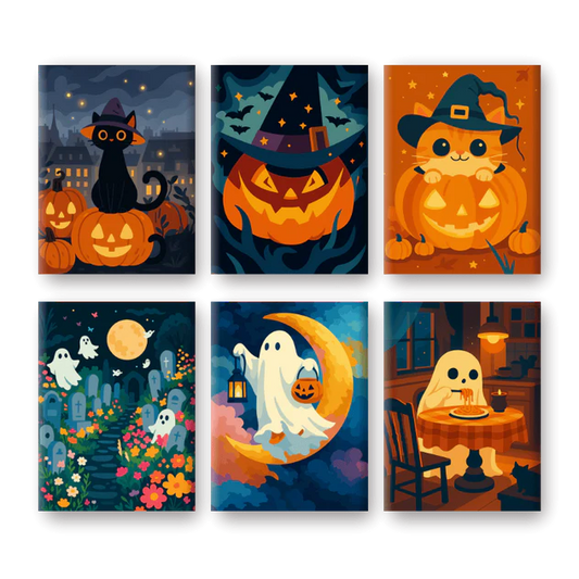 Coffret 6 peintures par numéro Citrouillum Leviosa – sur le thème d'Halloween – Maison Artsen