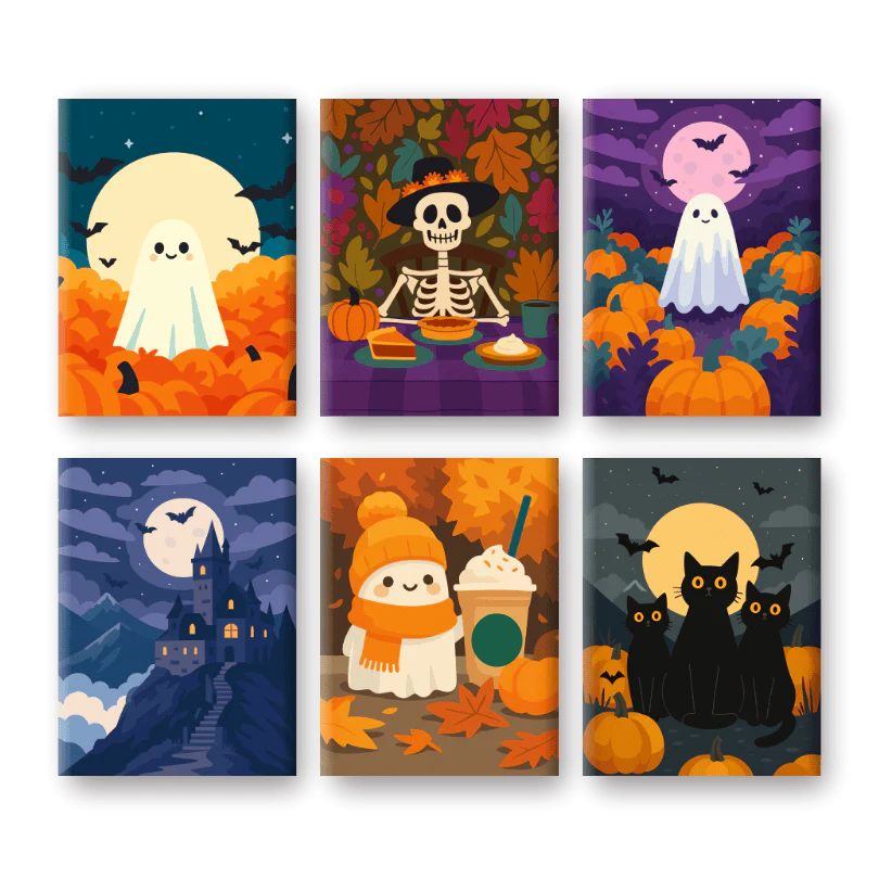 Coffret 6 peintures par numéro Halloween is Coming – sur le thème d'Halloween – Maison Artsen