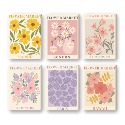 Coffret 6 peintures par numéro Marchés, Fleurs, Villes – sur le thème de la nature – Maison Artsen
