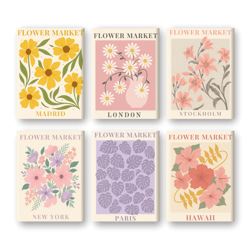 Coffret 6 peintures par numéro Marchés, Fleurs, Villes – sur le thème de la nature – Maison Artsen
