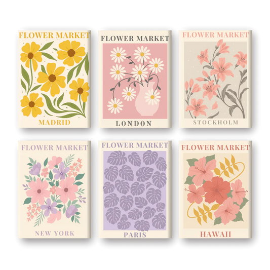 Coffret 6 peintures par numéro Marchés, Fleurs, Villes – sur le thème de la nature – Maison Artsen