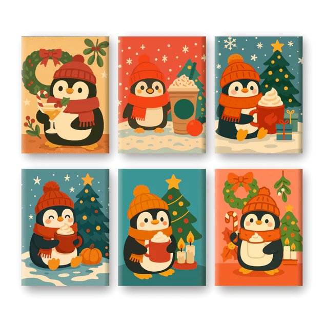 Coffret 6 peintures par numéro Pingouinouuu – sur le thème des pingouins – Maison Artsen