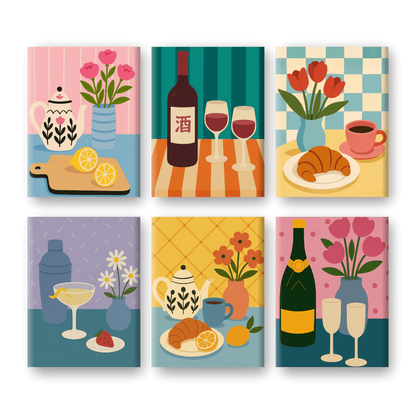 Coffret 6 peintures par numéro Tables colorées – sur le thème des tables décorées – Maison Artsen