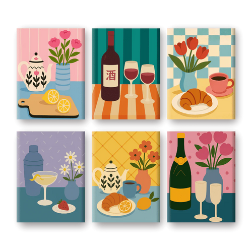 Coffret 6 peintures par numéro Tables colorées – sur le thème des tables décorées – Maison Artsen