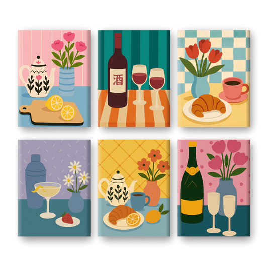 Coffret 6 peintures par numéro Tables colorées – sur le thème des tables décorées – Maison Artsen