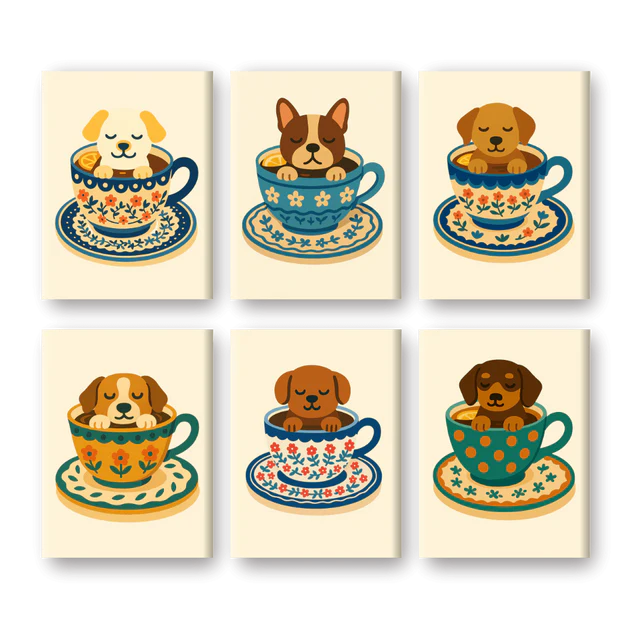 Coffret 6 peintures par numéro Tasses & Chiots – sur le thème des animaux – Maison Artsen