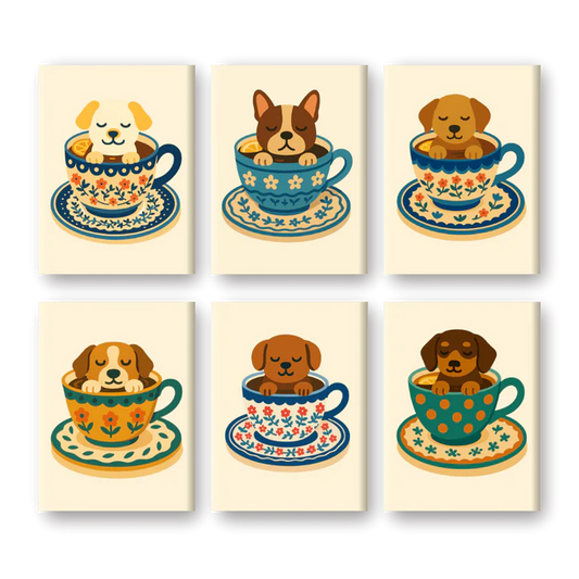 Coffret 6 peintures par numéro Tasses & Chiots – sur le thème des animaux – Maison Artsen